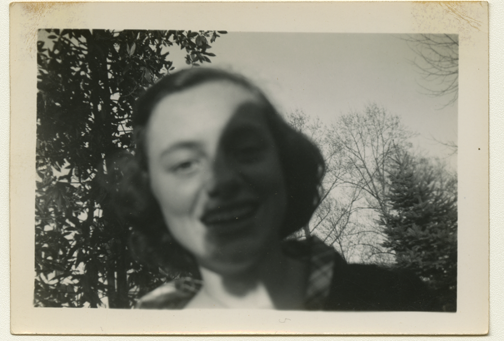 Black and white polaroid of Anne Wilson up close