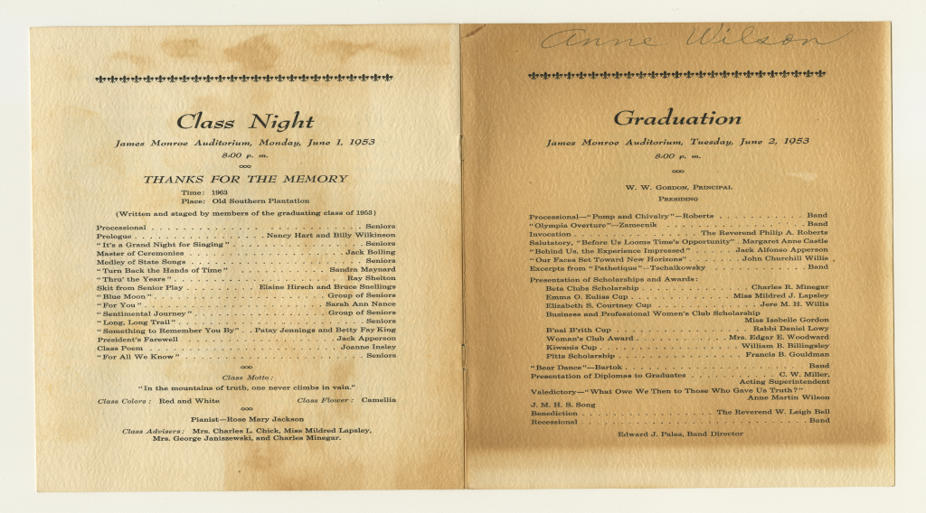 Two open pages of Anne Wilson's high school graduation booklet