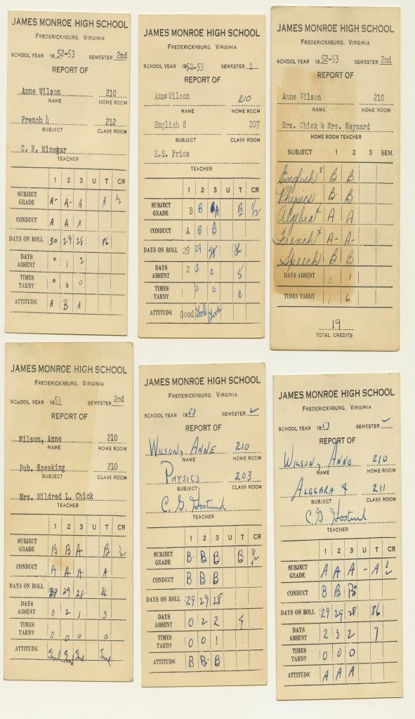 Six of Anne Wilson's 1952-1953 high school report cards