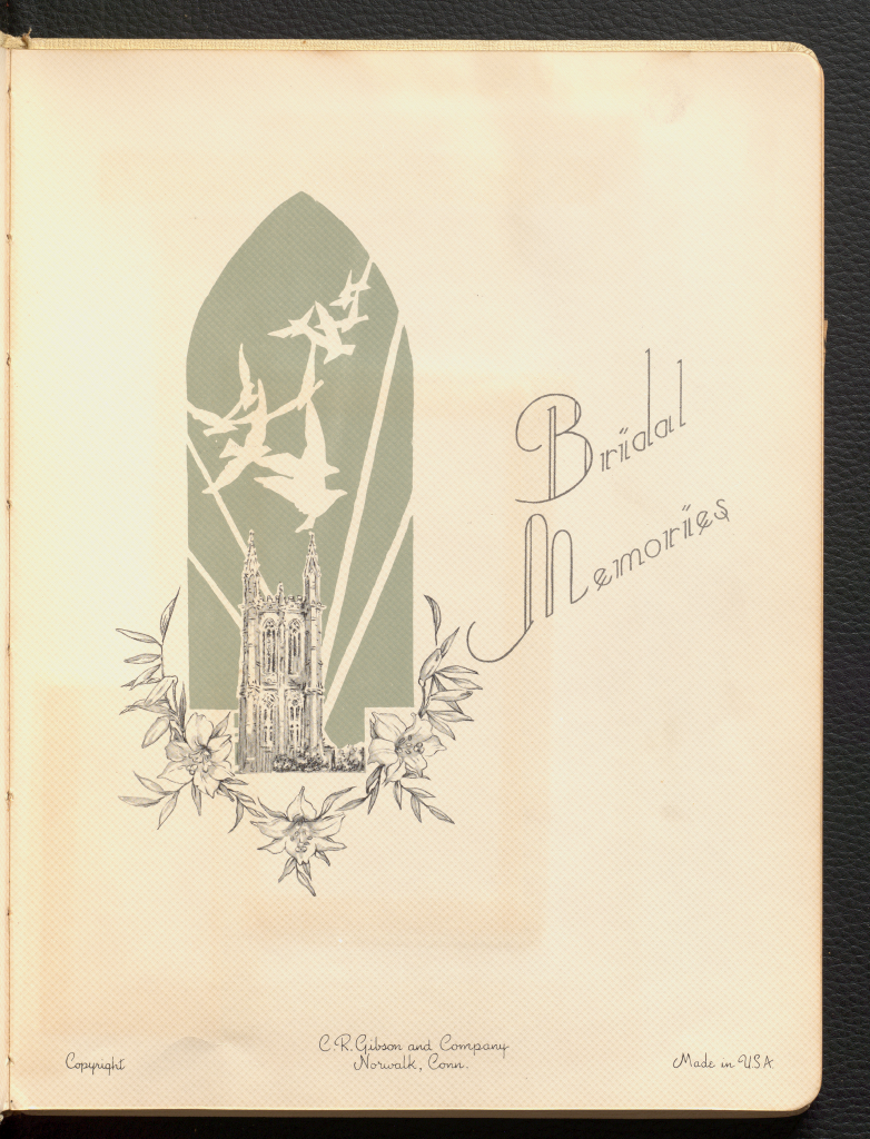 The end page of Anne Martin Wilson's 1956 bridal book that features a dove, chapel, and flower detail.