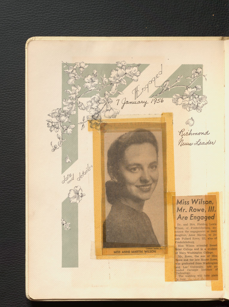 A black and white photograph of Anne Wilson is taped to the center of the "Engaged" page of her bridal book beside a newspaper clipping that reads, "Miss Wilson, Mr. Rowe. III, Are Engaged"