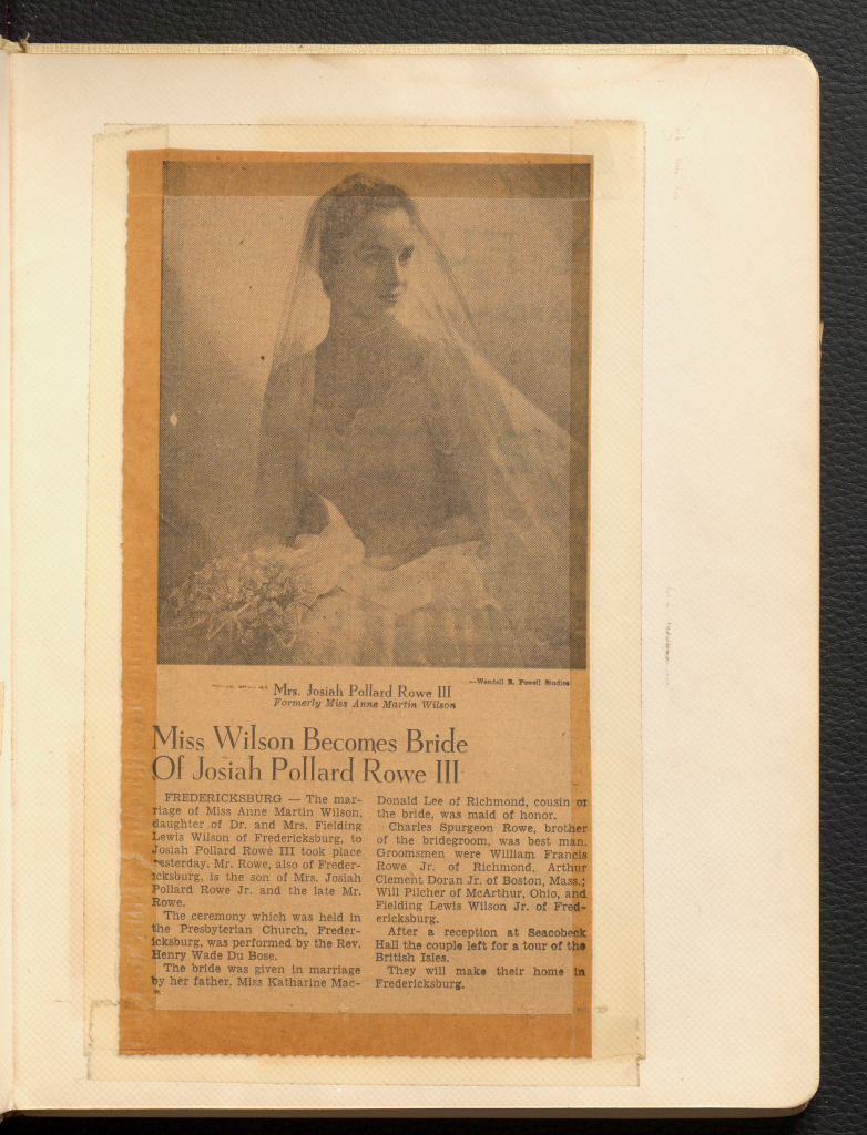 A black and white photograph of Anne Wilson in her wedding dress and veil atop a newspaper article titled "Miss Wilson Becomes Bride of Josiah Pollard Rowe III"