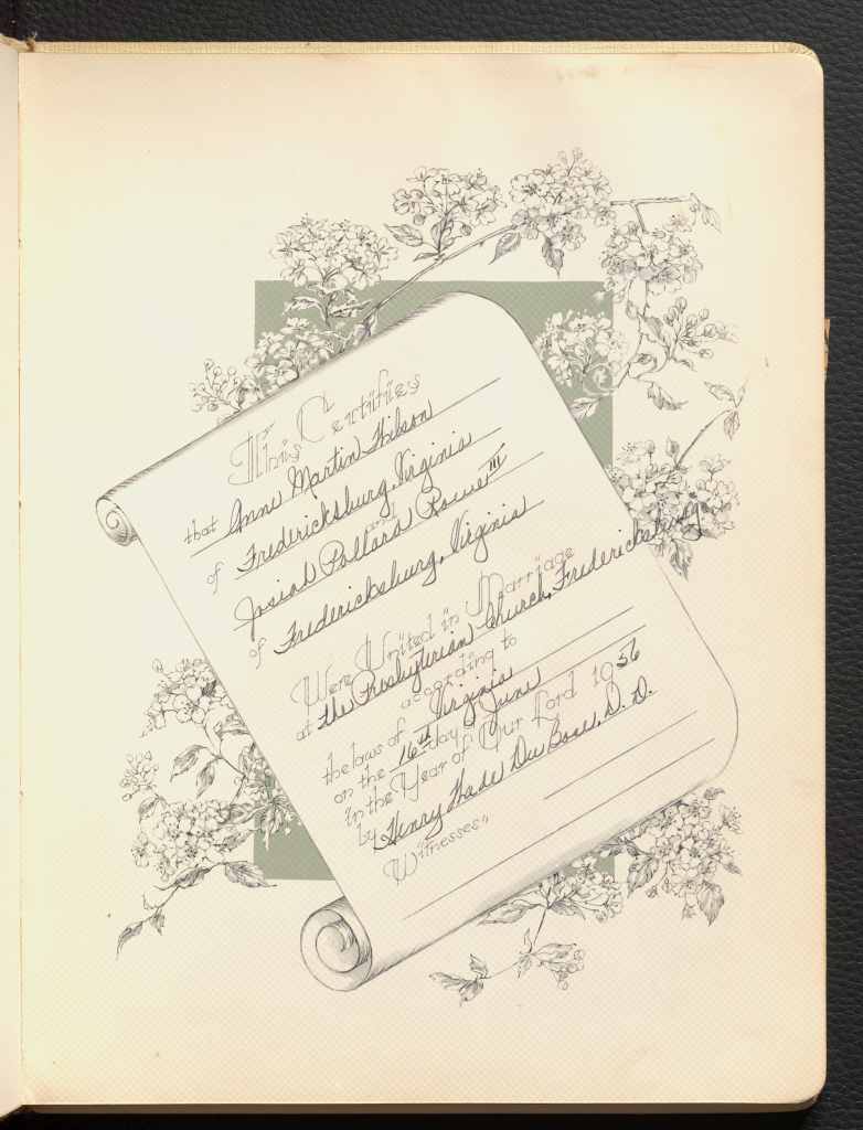 A symbolic marriage certificate that includes the date and location of Anne Martin Wilson and Josiah Pollard Rowe III's wedding