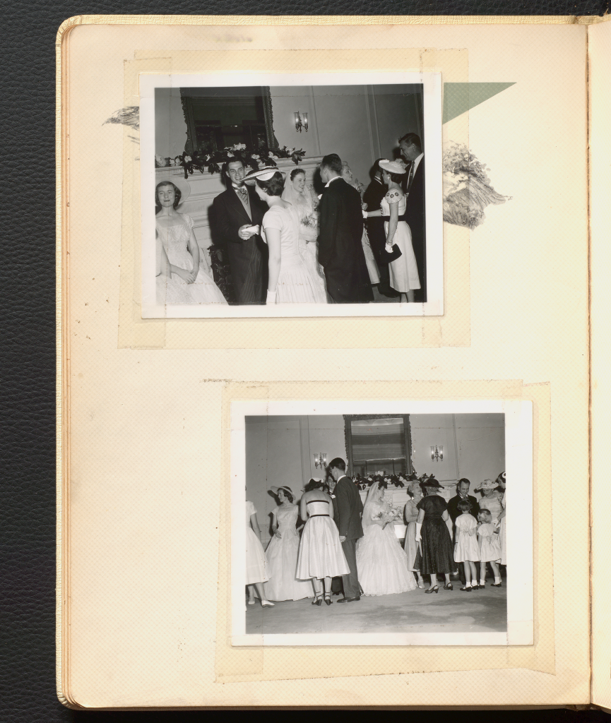 Two black and white polaroids of Anne Wilson Rowe's wedding reception