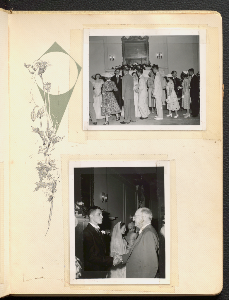 Two black and white polaroids of Anne Wilson Rowe's wedding reception