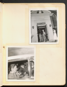Two black and white polaroids of Anne Martin Wilson's wedding reception, one of the venue entrance at 801 Hanover Street, and another of two individuals driving a car.