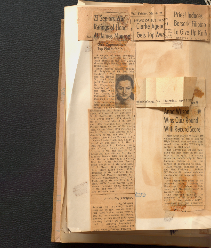 A newspaper cutout describing Anne Wilson receiving high school honors