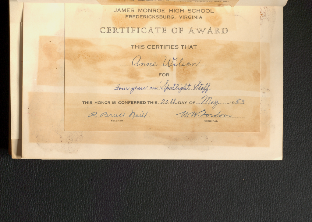 Anne Wilson's "spotlight staff" high school award