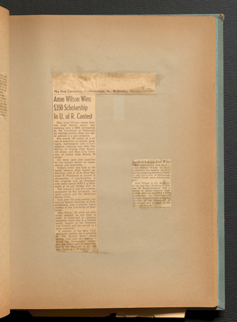 Newspaper clippings describing Anne Martin Wilson winning a $350 scholarship