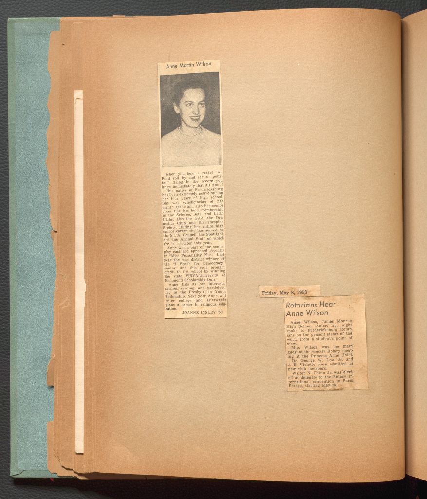 Newspaper clippings describing Anne Martin Wilson's accomplishments