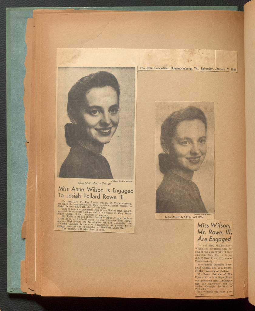Newspaper clippings announcing Anne's engagement to Josiah Rowe, III