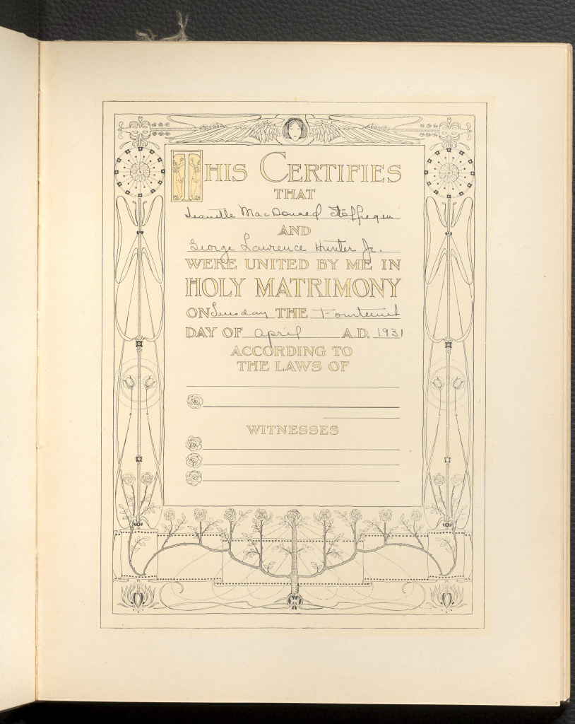 Wedding Certification Template from Jeanette Stoffregen's Bride Book, featuring handwritten entries.