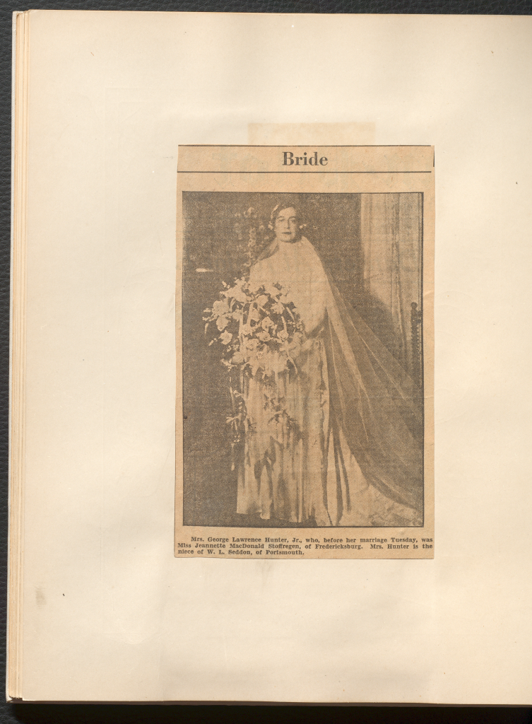 A black and white photo of Jeanette Stoffregen in her wedding dress and veil holding a bouquet, titled "Bride"