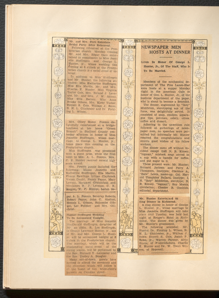 Two separate newspaper cut-outs titled "Mr. and Mrs. Dare Entertain Bridal Party After Rehearsal" and "Newspaper Men Hosts at Dinner"