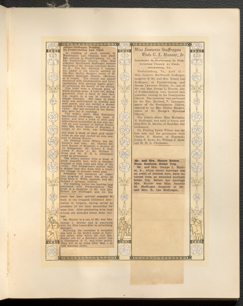Two separate newspaper cut-outs titled "Hunter-Stoffregen Wedding in Fredericksburg Last Night" and "Miss Jeanette Stoffregen Weds G.L. Hunter, Jr."