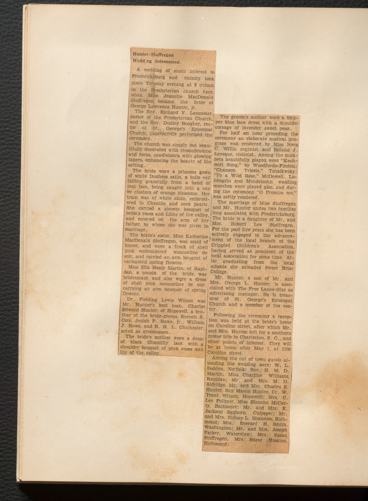 A newspaper cut-out split into two sections titled "Hunter-Stoffregen Wedding Solemnized"