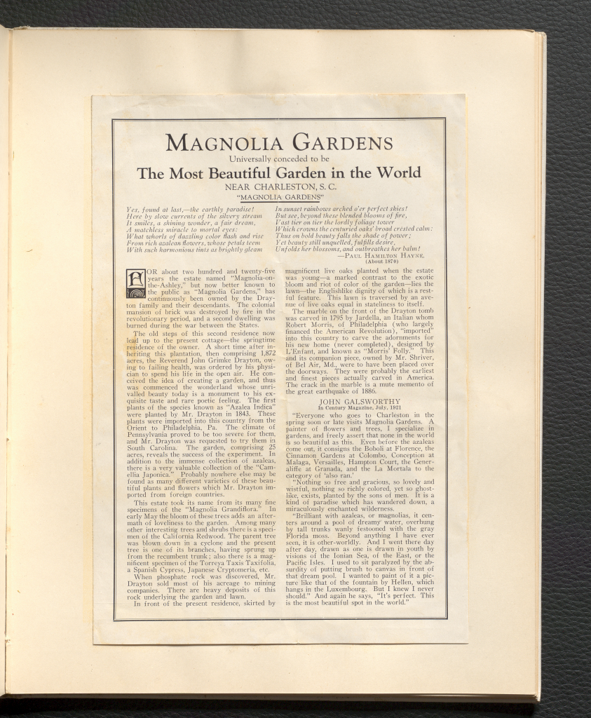 A pasted in advertisement about the Magnolia Gardens near Charleston, South Carolina