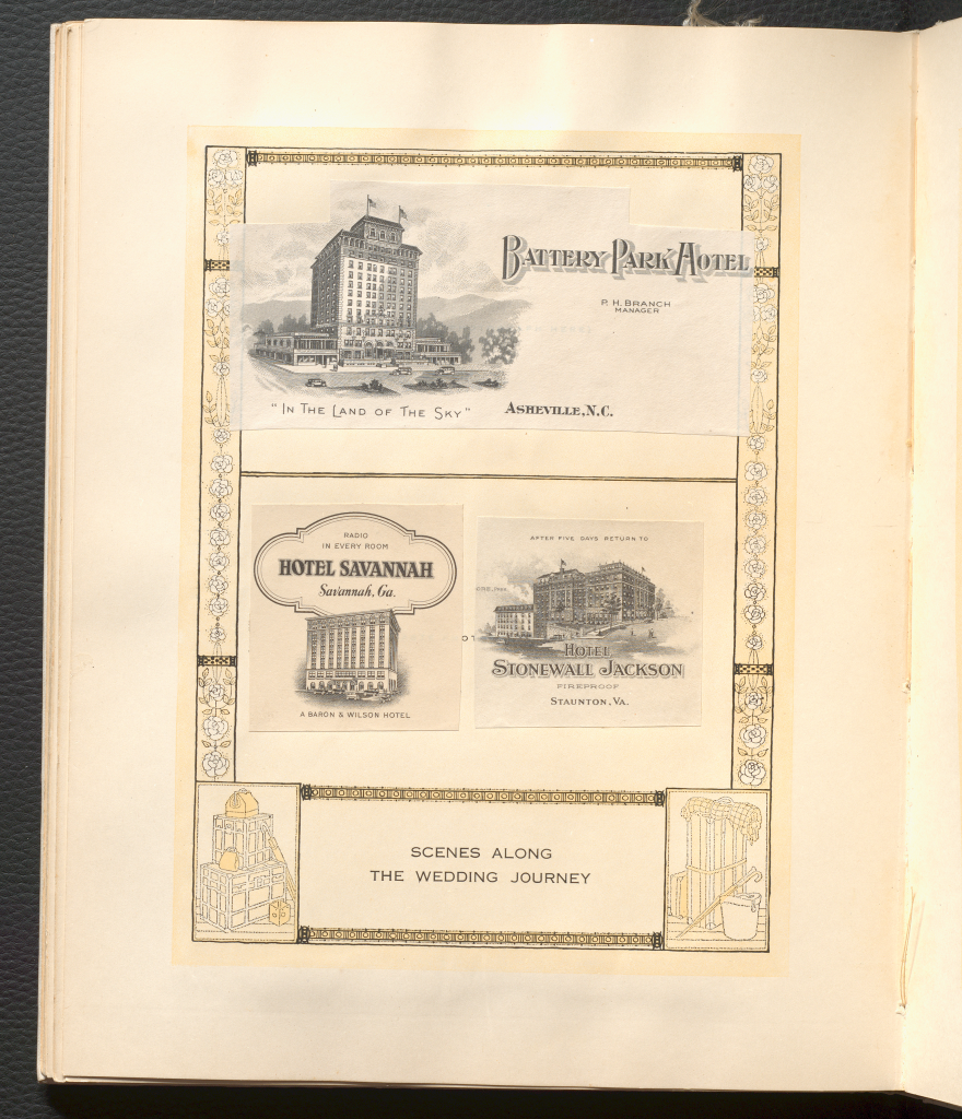 A pasted in photo of the the Battery Park Hotel in Asheville, N.C, the Hotel Savannah in Savannah, GA, and the Hotel Stonewall Jackson in Staunton, VA