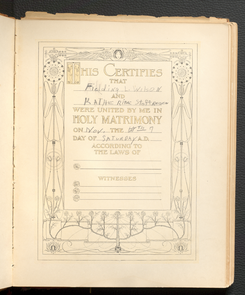 Wedding Certification Template from Katherine Stoffregen and Fielding L. Wilson's Red Leather Bridal Book, featuring handwritten entries.