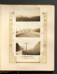 Three black and white photos from North Carolina taped to a 1931 bridal book.